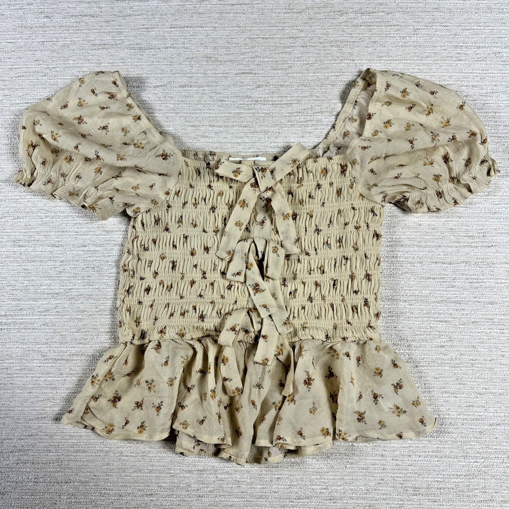 Coquette Cottagecore Peplum Floral Smocked Puff Sleeve Lace Up Top XL